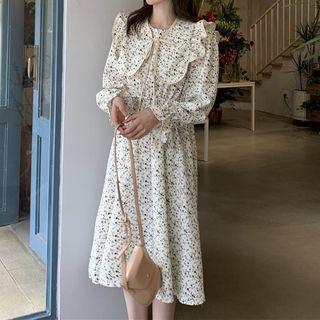 Ruffle Trim Collar Floral Midi A-line Dress