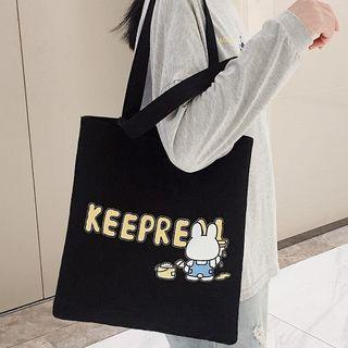 Print Canvas Tote Bag Rabbit - Black - One Size
