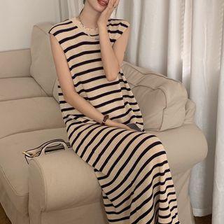 Sleeveless Striped Knit Dress Beige & Black - One Size