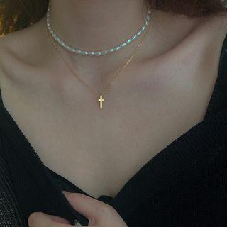 Cross Pendant Faux Pearl Layered Choker Necklace