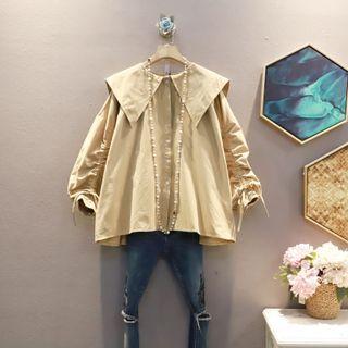 Drawstring Long-sleeve Peter Pan Collar Plain Shirt