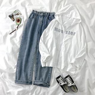Lettering Printed Jacket / Cropped Straight-fit Jeans