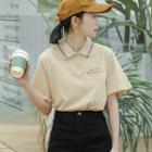 Elbow-sleeve Letter Placket T-shirt As Shown In Figure - One Size