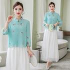 Set: Embroidered 3/4-sleeve Chinese Traditional Blouse + Maxi A-line Skirt
