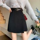 Flap-front Woolen Mini Pencil Skirt