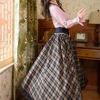 Long-sleeve Mock-neck Bow Blouse / High-waist Plaid Lace Trim Maxi A-line Skirt / Set