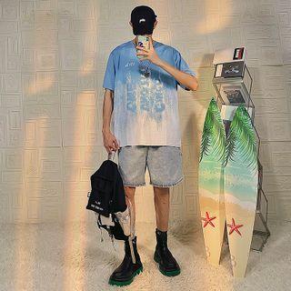 Elbow-sleeve Lettering Print Gradient T-shirt