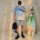 Elbow-sleeve Lettering Print Gradient T-shirt