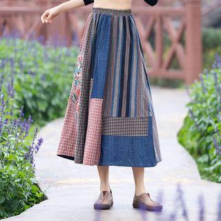 Plaid Panel Midi A-line Skirt Blue - One Size