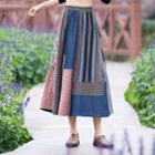 Plaid Panel Midi A-line Skirt Blue - One Size