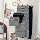 Set : Striped Cropped Tube Top + High-waist Striped Split Skirt