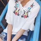 Floral Embroidered Elbow-sleeve Blouse