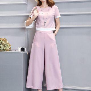 Set: Contrast Trim Short-sleeve Top + Wide Leg Cropped Pants