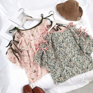 Bow Tiered Short-sleeve Floral Print Chiffon Top
