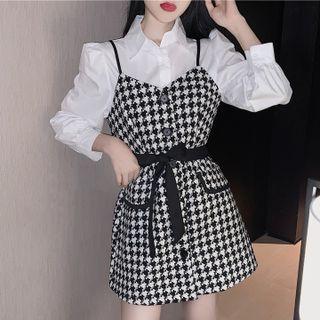 Plain Shirt / Houndstooth Mini Overall Dress