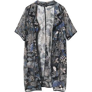 Print Short-sleeve Open-front Mesh Jacket