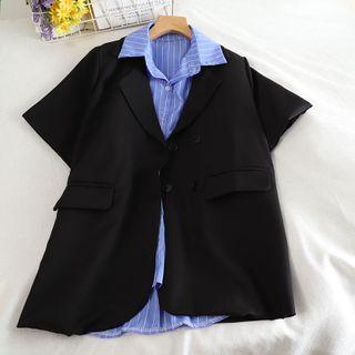 Set: Striped Short-sleeve Shirt + Single-breasted Blazer Black - One Size