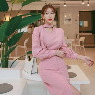 Strappy Choker-neck Midi Sheath Dress