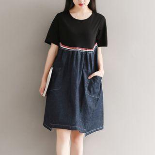 Contrast Stripe Denim Panel A-line Dress