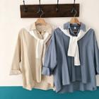 Plain Loose-fit Long-sleeve Blouse With Scarf