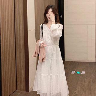 Lantern-sleeve Midi A-line Dress / Knit Vest