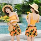 Set: Ruffle Bow Detail Bikini Top + Flower Print Swim Skirt