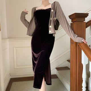 Spaghetti Strap Slit Midi Bodycon Dress / Cardigan