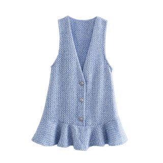 V-neck Button-up Tweed Mini Overall Dress