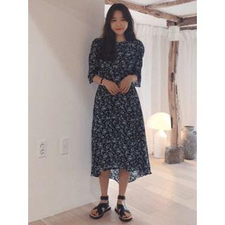 Shirred-trim Floral Print Midi Dress