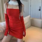 Spaghetti Strap Knit Mini Sheath Dress / Fingerless Gloves / Fluffy Scarf / Set