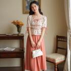 Set: Puff-sleeve Floral Print Blouse + Midi A-line Skirt
