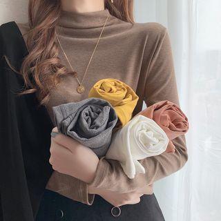 Semi High-neck Long-sleeve Plain Top