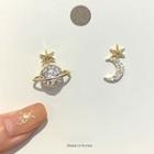Non-matching Rhinestone Moon & Planet Ear Stud 1 Pair - 925 Silver Needle - One Size