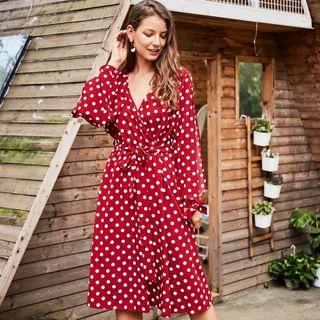 Dotted Tie-waist Long-sleeve A-line Dress