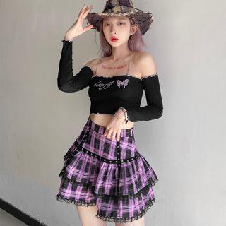 Cold-shoulder Cropped T-shirt / Plaid Layered Mini A-line Skirt