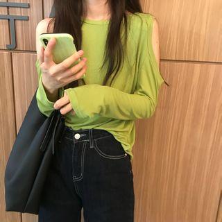 Cold-shoulder Long-sleeve T-shirt Green - One Size
