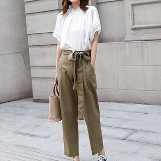 Set: Short-sleeve Chiffon Blouse + Harem Pants