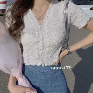 Short-sleeve Crinkled Button-up Crop Top