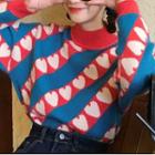 Mock-neck Heart Sweater Blue & Red & White - One Size