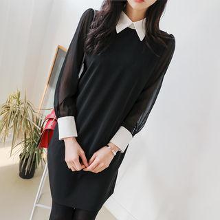 Contrast-collar Sheer-sleeve Shift Dress