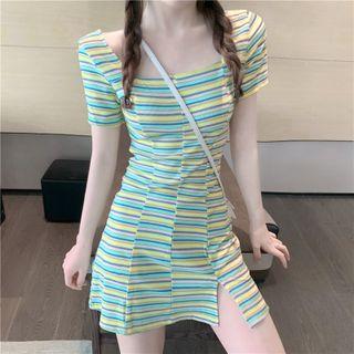 Short-sleeve Square-neck Striped Mini Sheath Dress