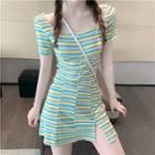 Short-sleeve Square-neck Striped Mini Sheath Dress