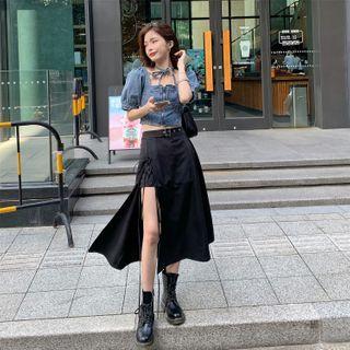Short-sleeve Denim Top / Midi A-line Skirt