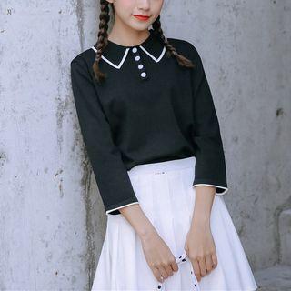 3/4-sleeve Contrast Trim Knit Polo Shirt