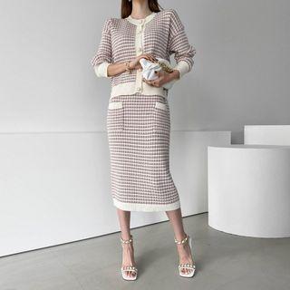 Set: Round-neck Patterned Cardigan + Midi Skirt