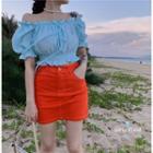 Puff-sleeve Off-shoulder Frill Trim Crop Top / Fitted Mini Skirt