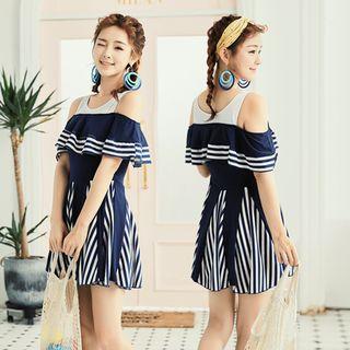 Cut Out Shoulder Striped Panel Short Sleeve Swimdress