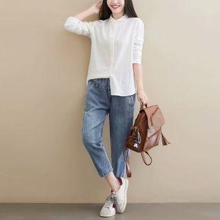Long-sleeve Plain Button-down Shirt White - One Size