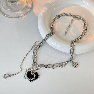 Heart Rhinestone Pendant Layered Stainless Steel Necklace Silver - One Size