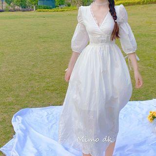 Lace Trim Puff-sleeve Gathered-waist Dress